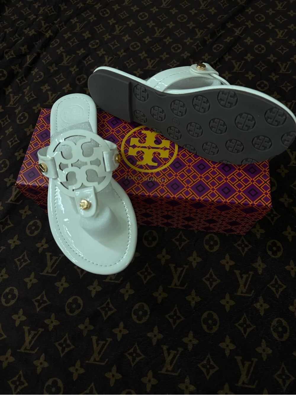 Tory Burch Glossy White Patent Logo Thong Sandals with Gold Accents